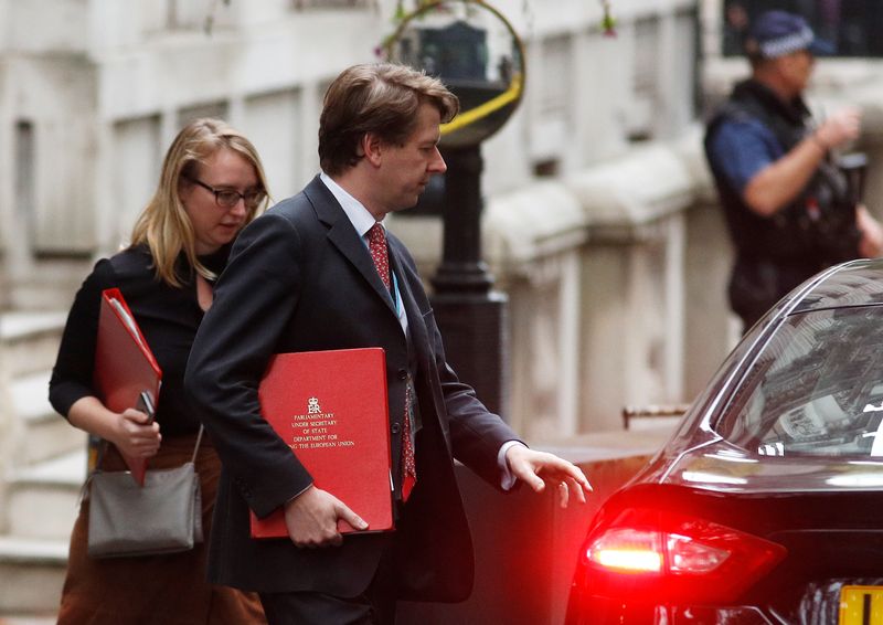 Robin Walker, junior minister at the Department for Exiting the Eurpean Union, holds his ministerial folder as he leaves Downing Street in London