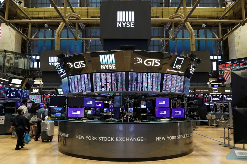 A nearly empty trading floor is seen as preparations are made for the return to trading at the NYSE in New York