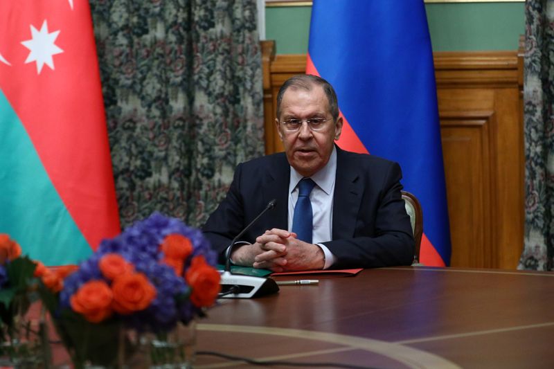 Russian Foreign Minister Lavrov attends a meeting with Azeri Foreign Minister Bayramov and Armenian Foreign Minister Mnatsakanyan in Moscow