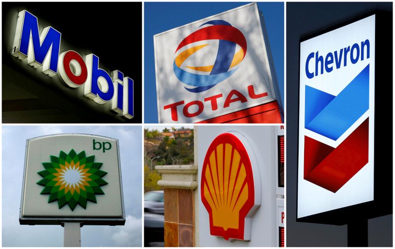 FILE PHOTO: FILE PHOTO: A combination of file photos shows the logos of five of the largest publicly traded oil companies BP, Chevron, Exxon, Mobil Royal Dutch Shell,and Total