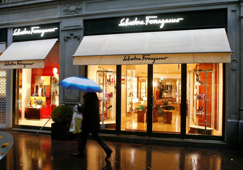 Italian luxury fashion house Salvatore Ferragamo's logo is seen at a store in Zurich