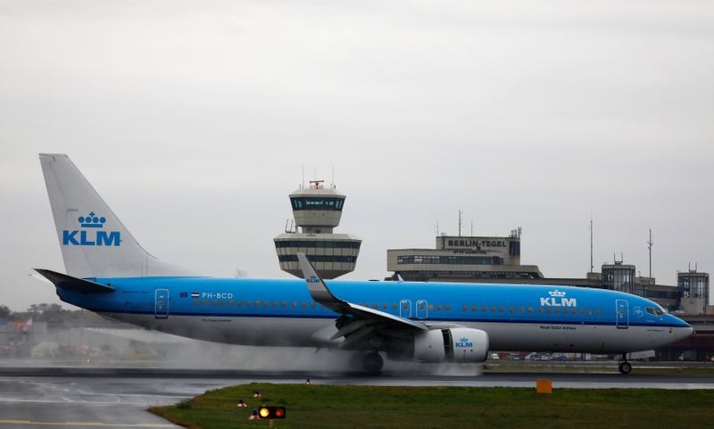 A KLM Boeing 737 plane lands at Tegel airport in Berlin