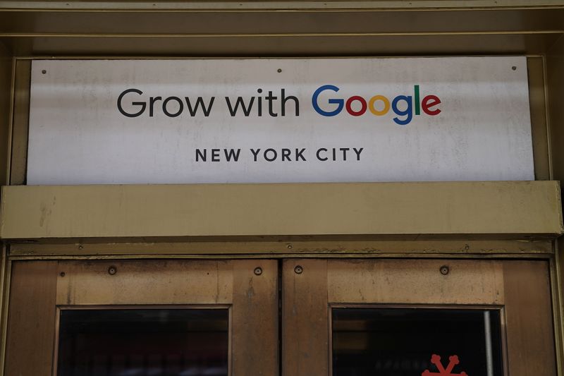 A Google sign is pictured on a Google building