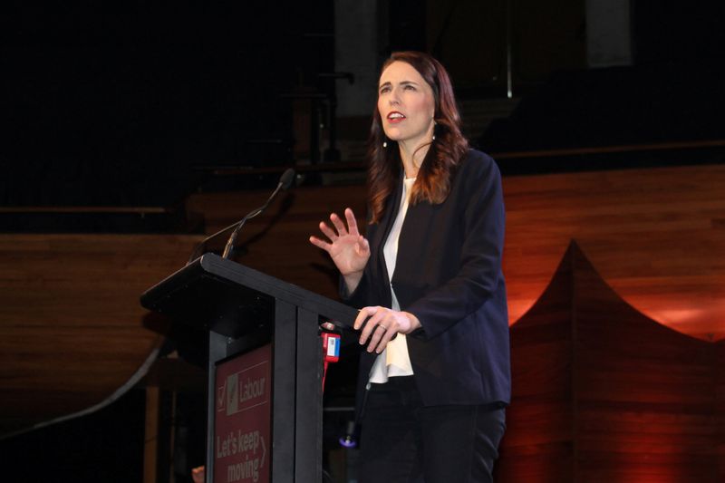 FILE PHOTO: Prime Minister Jacinda Ardern addresses her supporters at a Labour Party event in Wellington