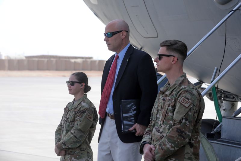 Short, Chief of Staff for U.S. Vice President Pence, arrives with Pence on an unnanounced visit at Al Asad Air Base, Iraq