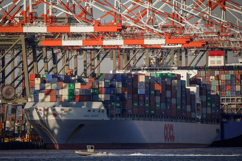 The OOCL Europe is docked at the Port of Newark in Newark, New Jersey