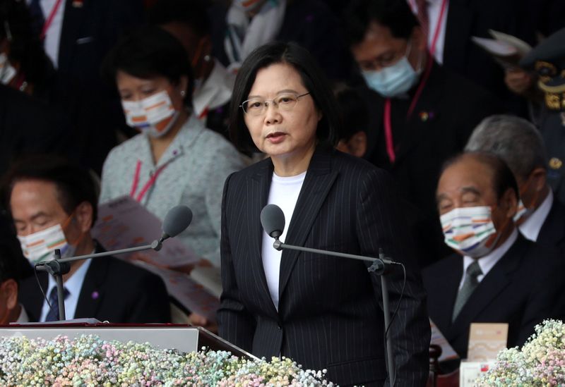Taiwan President Tsai Ing-wen delivers a speech during National Day celebrations in front of the Presidential Building in Taipei