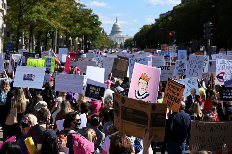 People participate in a nationwide protest against U.S. President Donald Trump's decision to fill the seat on the Supreme Court, in Washington