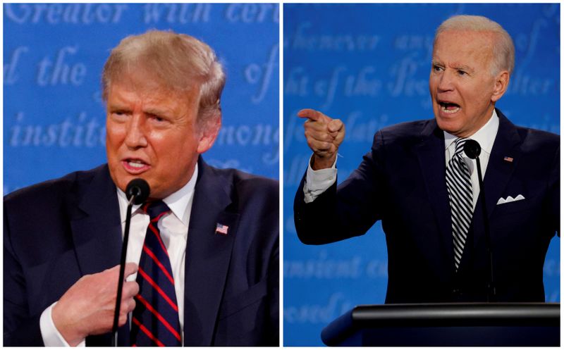 FILE PHOTO: A combination picture shows U.S. President Donald Trump and Democratic presidential nominee Joe Biden during the first 2020 presidential campaign debate, in Cleveland