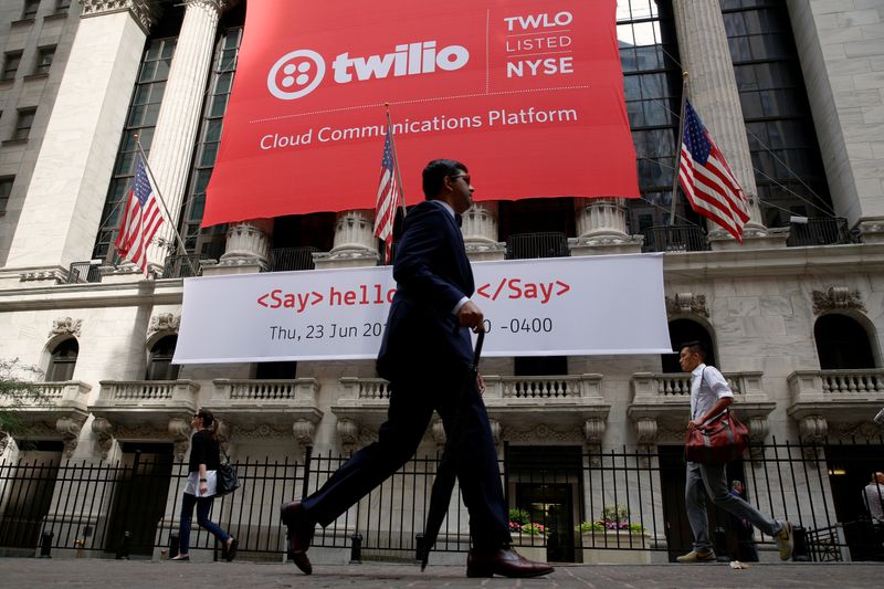 A banner for communications software provider Twilio Inc., hangs on the facade at the NYSE to celebrate the company's IPO in New York City