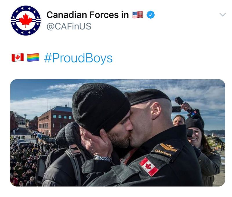 A tweet featuring a Canadian Forces sailor kissing his partner using the the Proud Boys hashtag