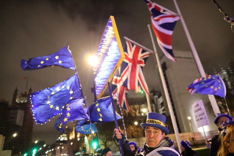 FILE PHOTO: Anti-Brexit protesters demonstrate outside the Houses of Parliament in London