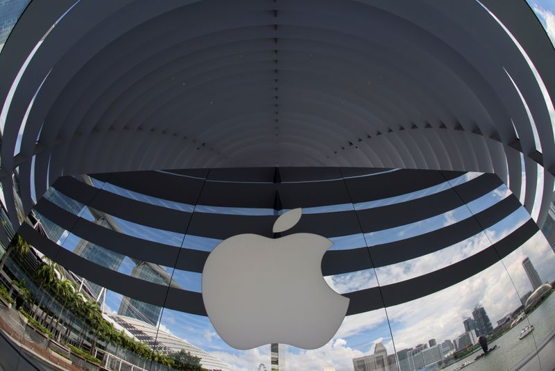 A logo of Apple is seen outside at the upcoming Apple Marina Bay Sands store in Singapore