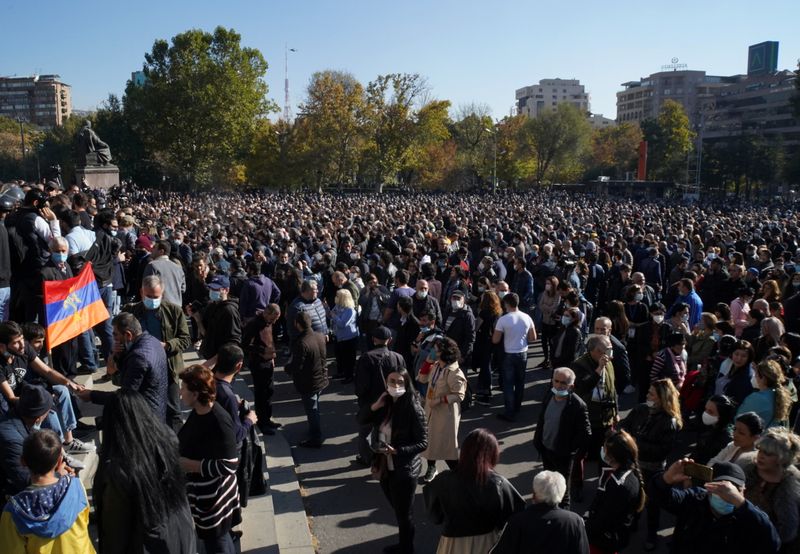 Opposition rally to demand the resignation of Armenian PM Pashinyan following the signing of a deal to end the military conflict over the Nagorno-Karabakh region, in Yerevan
