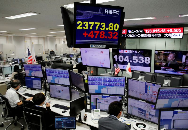 A monitor shows Nikkei stock index at a foreign exchange trading company in Tokyo