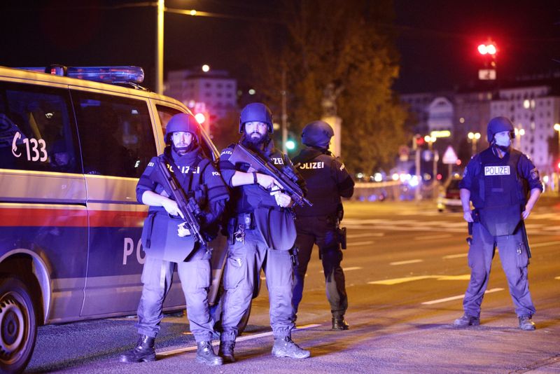Police blocks a street near Schwedenplatz square after exchanges of gunfire in Vienna