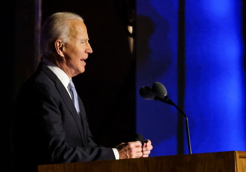 Democratic 2020 U.S. presidential nominee Joe Biden's election rally, after news media announced that he has won the 2020 U.S. presidential election, in Wilmington, Delaware