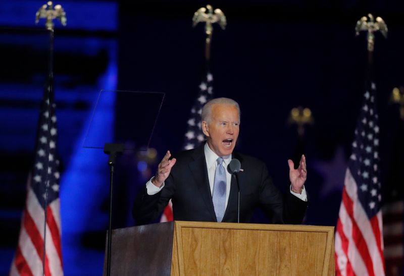 Democratic 2020 U.S. presidential nominee Joe Biden speaks at his election rally in Wilmington