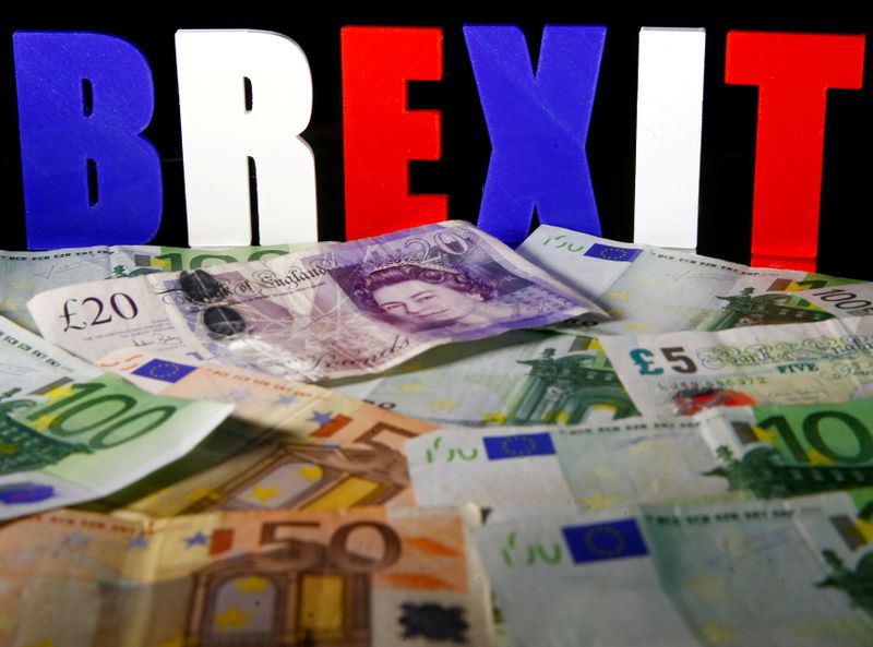 FILE PHOTO: Euro and Pound banknotes are seen in front of BREXIT letters in this picture illustration