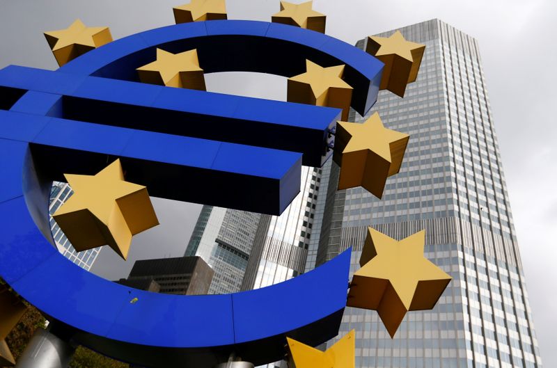 FILE PHOTO: A euro logo sculpture stands in front the headquarters of the European Central Bank in Frankfurt