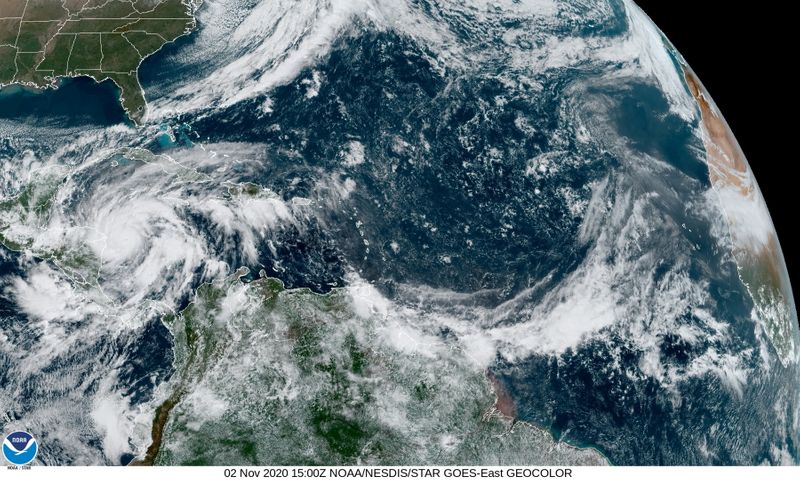 Hurricane Eta is seen churning in the Caribbean Sea toward Nicaragua
