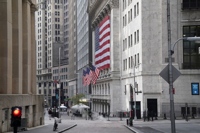 A U.S flag is seen on the New York Stock Exchange in the Manhattan borough of New York City