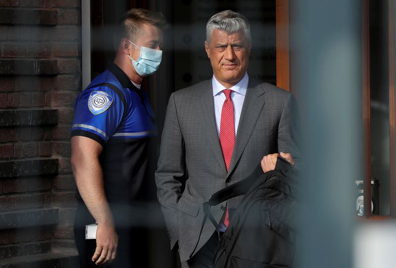 Kosovo's President Hashim Thaci leaves after being interviewed by war crimes prosecutors after being indicted by a special tribunal, in The Hague