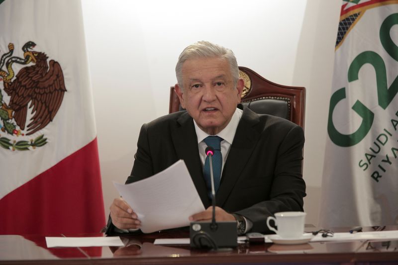 Mexican President Andres Manuel Lopez Obrador takes part in the virtual meeting of the G20 summit