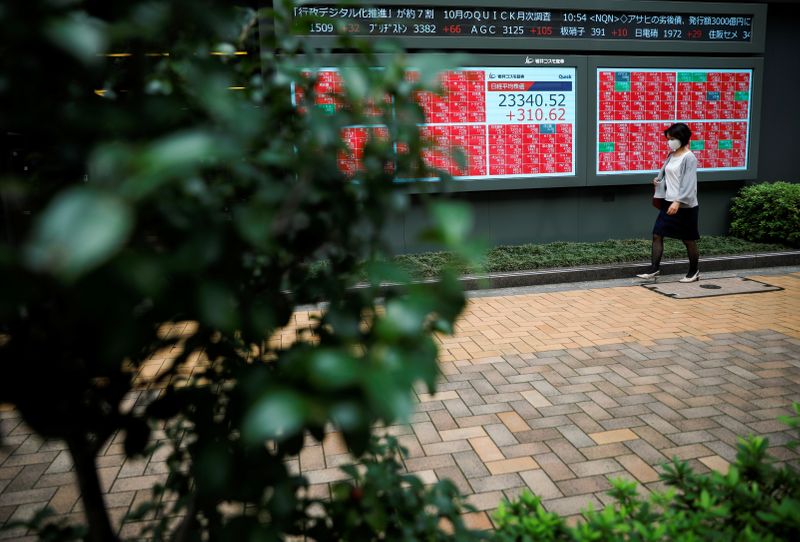A passersby wearing a protective face mask walks in front of a stock quotation board, amid the coronavirus disease (COVID-19) outbreak, in Tokyo