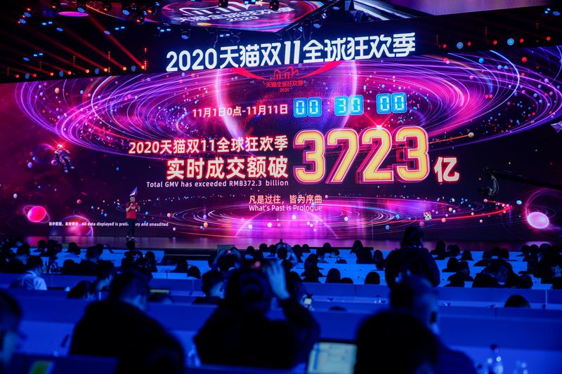 A screen shows the value of goods being transacted during Alibaba Group's Singles' Day global shopping festival, in Hangzhou