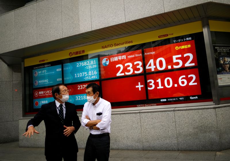 FILE PHOTO: Men wearing protective face masks chat in front of a screen displaying Nikkei share average and world stock indexes, amid the coronavirus disease (COVID-19) outbreak, in Tokyo