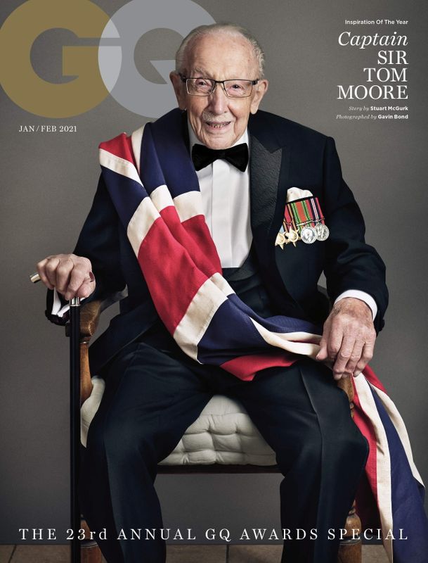 Captain Sir Tom Moore wearing Boss poses for a GQ January/February 2021 issue cover