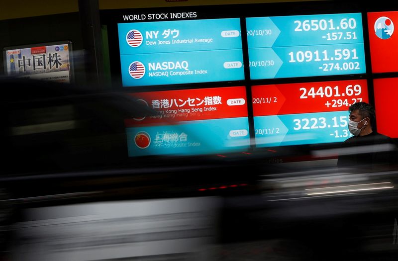 FILE PHOTO: A man wearing a protective face mask stands in front of a screen displaying world stock indexes outside a brokerage, amid the coronavirus disease (COVID-19) outbreak, in Tokyo