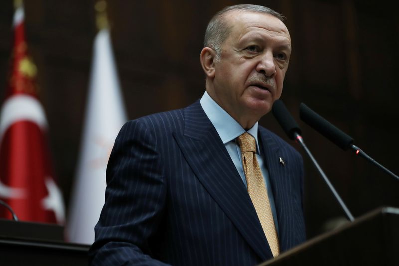 FILE PHOTO: Turkish President Erdogan addresses members of his ruling AKP during a meeting in Ankara