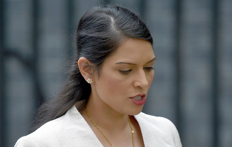 FILE PHOTO: Britain's Employment Minister Priti Patel, leaves after a cabinet meeting in Downing Street in central London