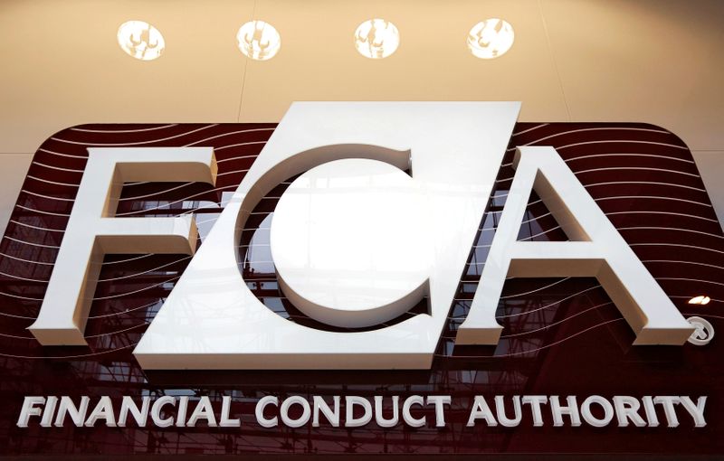 FILE PHOTO: The logo of the new Financial Conduct Authority in the Canary Wharf business district of London