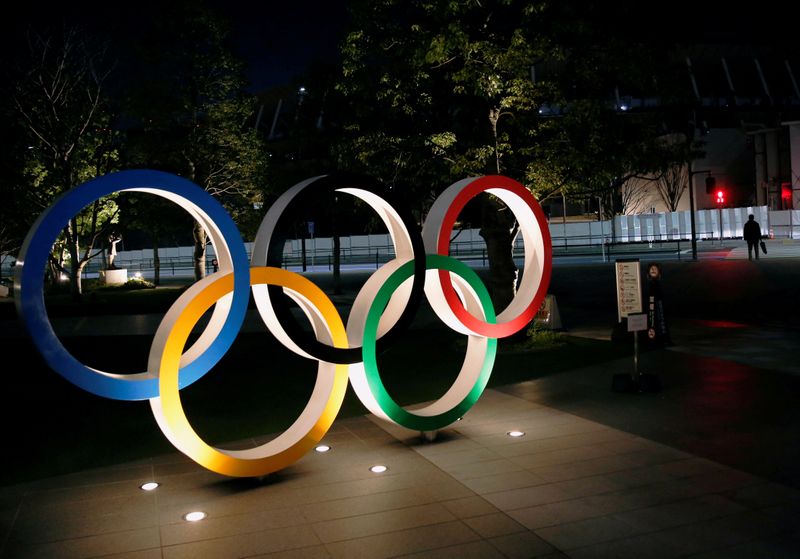 FILE PHOTO: Olympic rings are seen near the National Stadium in Tokyo