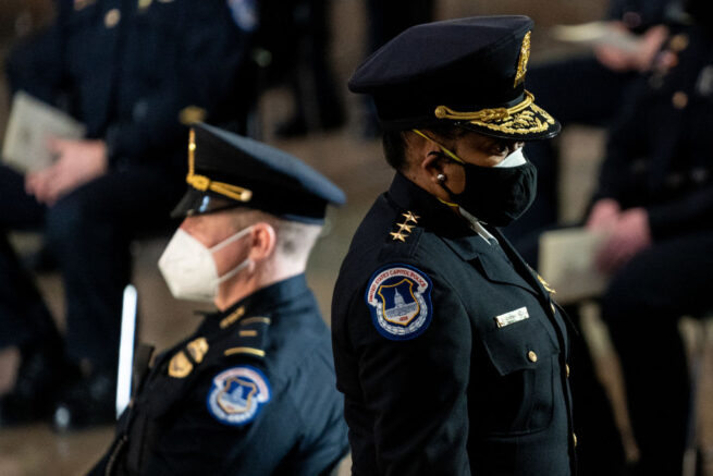 WASHINGTON, DC - FEBRUARY 03: U.S. Capitol Police Acting Chief Yogananda Pittman departs at the conclusion of a congressional tribute to the late Capitol Police officer Brian Sicknick who lies in honor in the Rotunda of the U.S. Capitol on February 3, 2021 in Washington, DC. Officer Sicknick died as a result of injuries he sustained during the January 6 attack on the U.S. Capitol. He will lie in honor until February 3 and then be buried at Arlington National Cemetery. (Photo by Erin Schaff-Pool/Getty Images)
