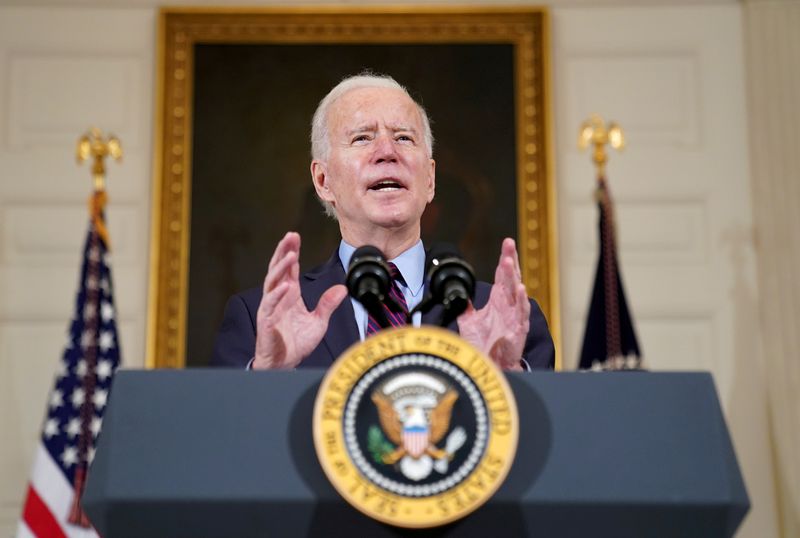 FILE PHOTO: U.S. President Biden speaks about the economy and need to pass coronavirus aid legislation at the White House in Washington