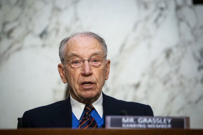 Ranking member Sen. Chuck Grassley, R-Iowa, speaks during a confirmation hearing for Judge Merrick Garland, nominee to be Attorney General, before the Senate Judiciary Committee, Monday, Feb. 22, 2021 on Capitol Hill in Washington. (Al Drago/Pool via AP)