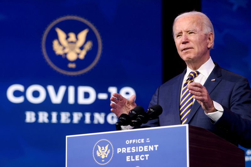 FILE PHOTO: U.S. President-elect Joe Biden delivers remarks on the U.S. response to the coronavirus disease (COVID-19) outbreak, at his transition headquarters in Wilmington