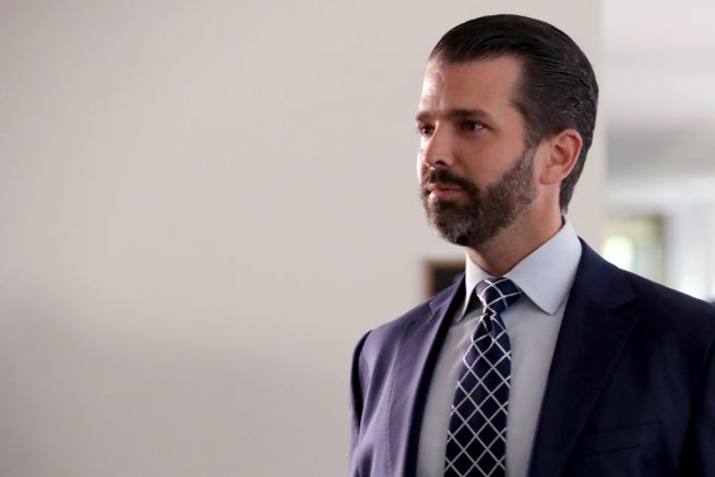 WASHINGTON, DC - JUNE 12: Donald Trump Jr., the son of U.S. President Donald Trump, leaves following a second closed-door interview with members of the Senate Intelligence Committee in the Hart Senate Office Building on Capitol Hill June 12, 2019 in Washington, DC. Trump Jr. negotiated limitations with the committee after it issued a subpoena for his testimony, which will include questions about a June 2016 meeting at Trump Tower with a Russian lawyer promising incriminating information about Hillary Clinton. (Photo by Chip Somodevilla/Getty Images)
