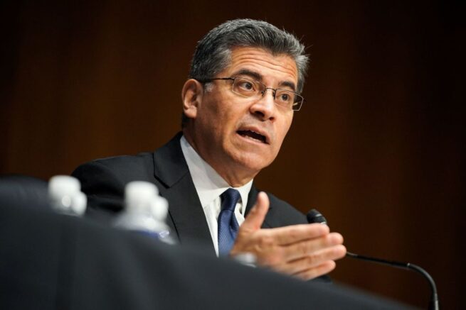 Xavier Becerra, nominee for Secretary of Health and Human Services, answers questions during his Senate Finance Committee nomination hearing on February 24, 2021 at Capitol Hill in Washington, DC. - If confirmed, Becerra would be the first Latino secretary of HHS. (Photo by Greg Nash / POOL / AFP) (Photo by GREG NASH/POOL/AFP via Getty Images)