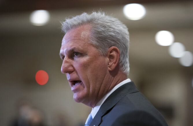 House Minority Leader Kevin McCarthy, R-Calif., comments to reporters as Congress preps for its first votes on the Democrats' $1.9 trillion COVID-19 relief bill, on Capitol Hill in Washington, Wednesday, Feb. 24, 2021. (AP Photo/J. Scott Applewhite)