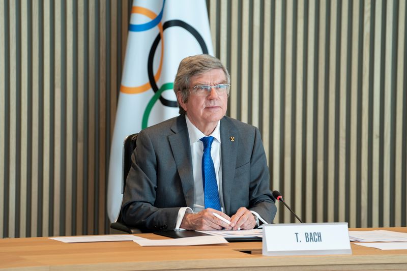 IOC President Bach welcomes participants to the virtual International Olympic Committee Executive Board in Lausanne