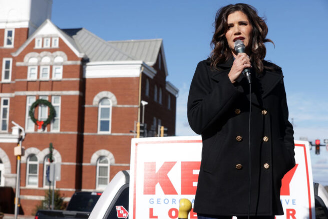 MCDONOUGH, GEORGIA - JANUARY 03: South Dakota Gov. Kristi Noem speaks as she campaigns for U.S. Sen. Kelly Loeffler (R-GA) during a campaign event outside Gritz Family Restaurant January 3, 2021 in McDonough, Georgia. Sen. Loeffler continued to campaign for the upcoming runoff election in a race against Democratic U.S. Senate candidate Raphael Warnock. (Photo by Alex Wong/Getty Images)