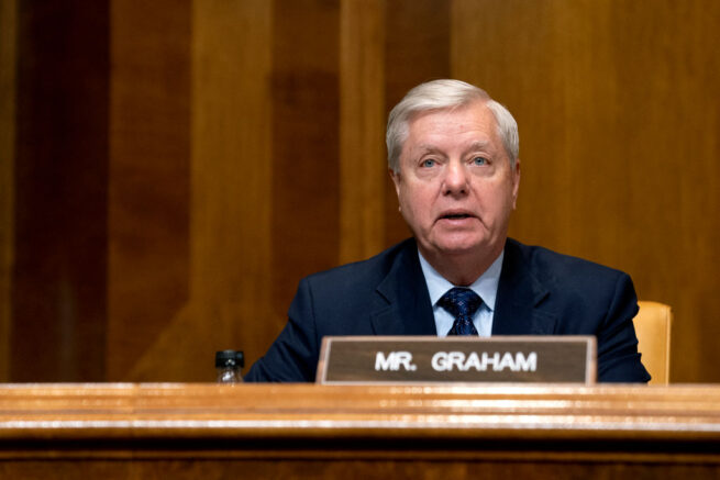 WASHINGTON, DC - FEBRUARY 25: Senator Lindsey Graham (R-S.C.) speaks during a U.S. Senate Budget Committee hearing regarding wages at large corporations on Capitol Hill, February 25, 2021 in Washington, DC. The committee is looking at why many low-wage workers in America qualify for public benefits even though thousands of them are employees of large corporations. (Photo by Stefani Reynolds-Pool/Getty Images)