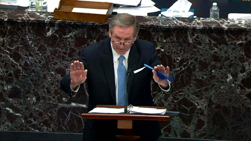 WASHINGTON, DC - FEBRUARY 13: In this screenshot taken from a congress.gov webcast, Michael van der Veen, defense lawyer for former President Donald Trump, gives closing arguments on the fifth day of former President Donald Trump's second impeachment trial at the U.S. Capitol on February 13, 2021 in Washington, DC. House impeachment managers had argued that Trump was “singularly responsible” for the January 6th attack at the U.S. Capitol and he should be convicted and barred from ever holding public office again. (Photo by congress.gov via Getty Images)