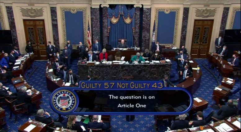 WASHINGTON, DC - FEBRUARY 13: In this screenshot taken from a congress.gov webcast, Senate votes 57-43 to acquit on the fifth day of former President Donald Trump's second impeachment trial at the U.S. Capitol on February 13, 2021 in Washington, DC. House impeachment managers had argued that Trump was “singularly responsible” for the January 6th attack at the U.S. Capitol and he should be convicted and barred from ever holding public office again. (Photo by congress.gov via Getty Images)