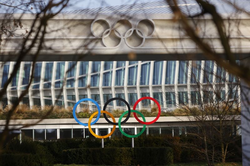 The Olympic rings are pictured in front of the IOC headquarters in Lausanne